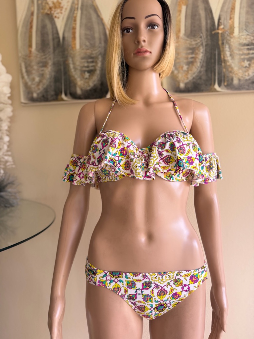 Ruffled Floral Off-Shoulder Bikini Set - White Multicolor